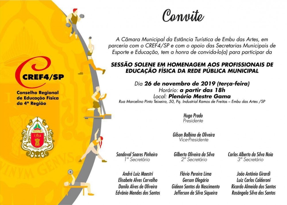 Câmara de Embu das Artes em parceria com o CREF realiza Sessão Solene em homenagem aos profissionais de Educação Física
